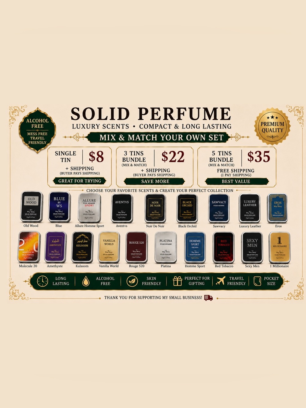 1 Alcohol-Free Solid Perfume Tin 15g • Choose 1
